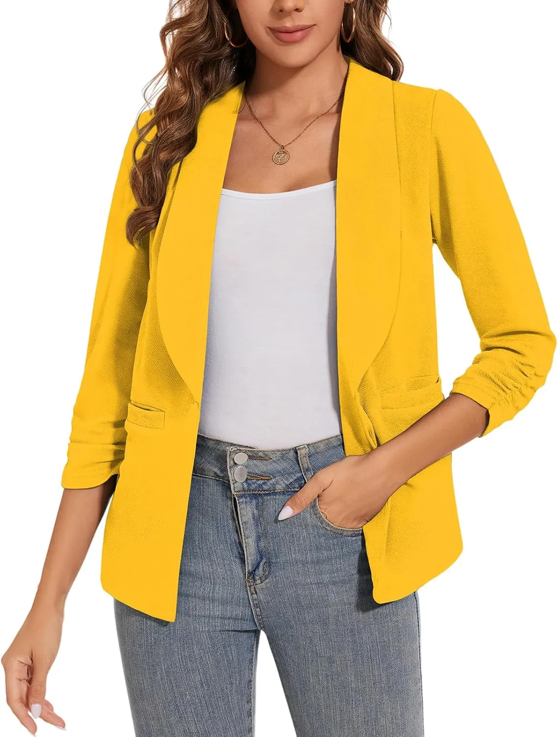 Women Casual Shawl Lapel Collar Blazer Ruched 3/4 Sleeve Open Front Business Office Suit Jacket Pocket