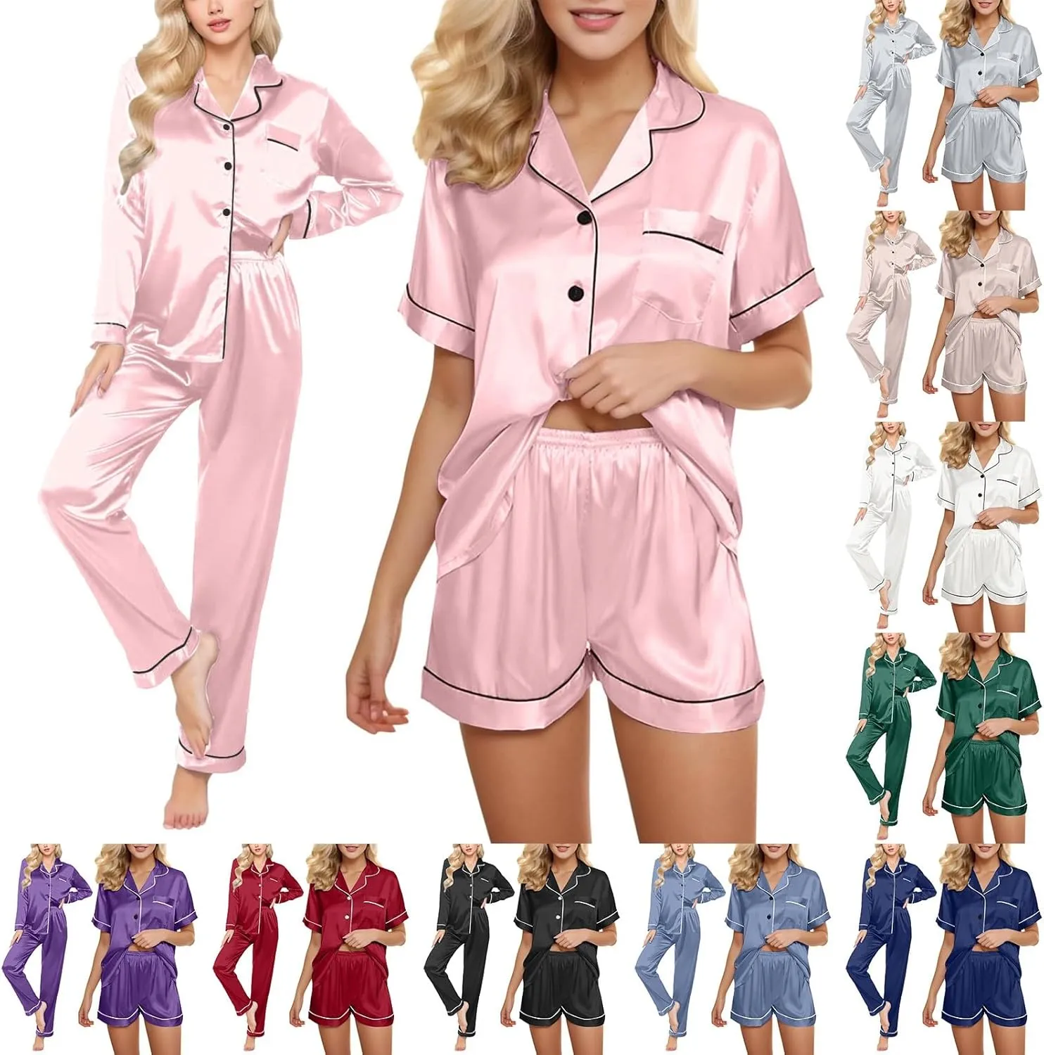 Women Satin Pajamas 4pcs Sleepwear Set Luxury Pants Shorts Button Short Long Sleeve Shirt Sets Soft Loungewear Suit