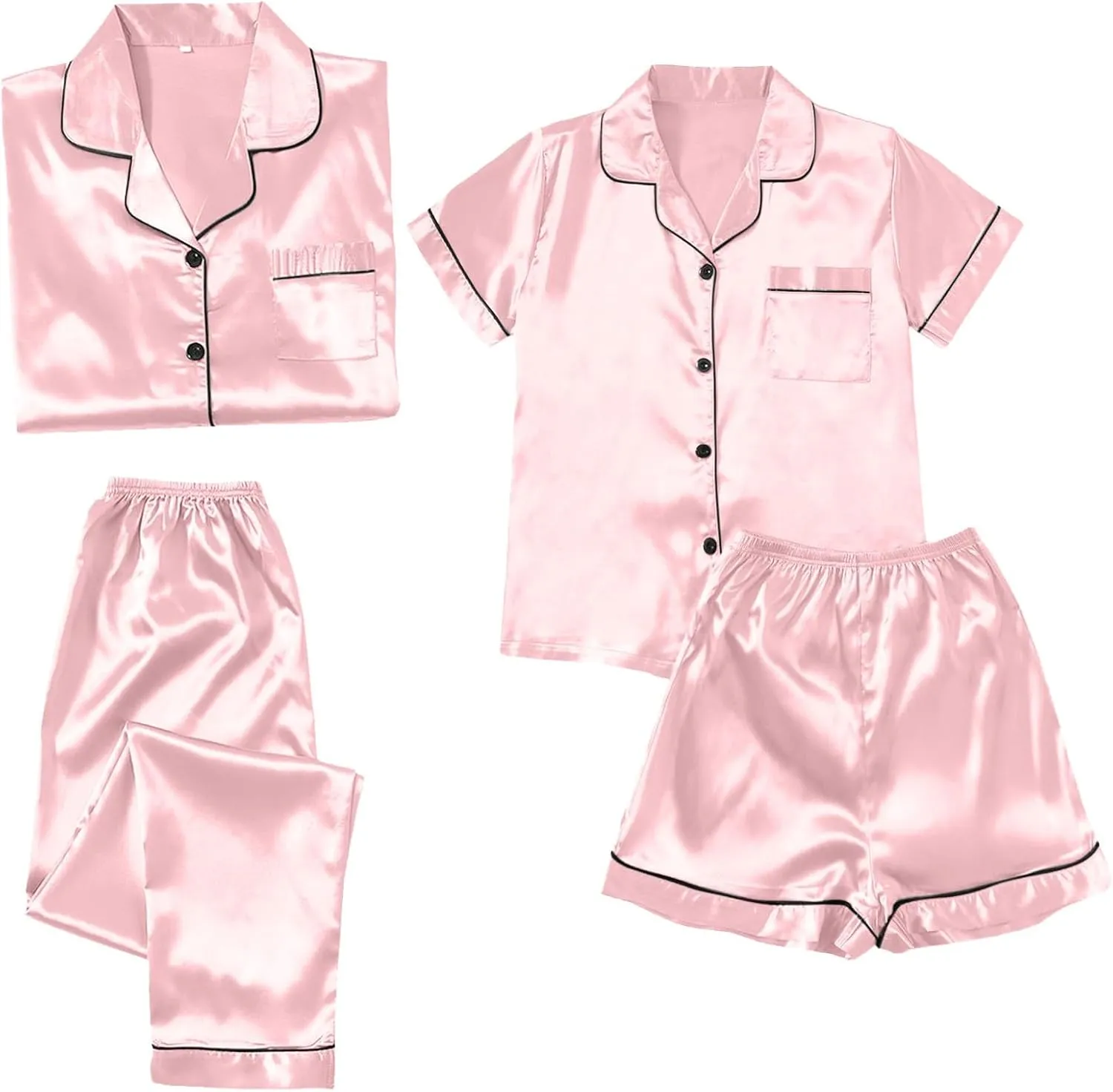 Women Satin Pajamas 4pcs Sleepwear Set Luxury Pants Shorts Button Short Long Sleeve Shirt Sets Soft Loungewear Suit