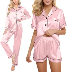 Women Satin Pajamas 4pcs Sleepwear Set Luxury Pants Shorts Button Short Long Sleeve Shirt Sets Soft Loungewear Suit