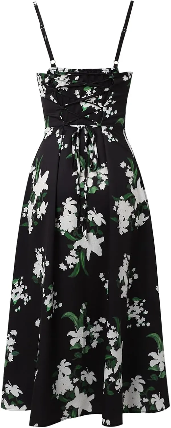 Women Summer Corset Dresses Lace up Pleated Front Slim High Slit Sling Sleeveless Dress Sexy Floral Midi Sundress