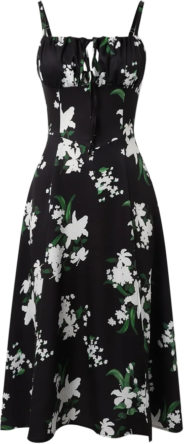 Women Summer Corset Dresses Lace up Pleated Front Slim High Slit Sling Sleeveless Dress Sexy Floral Midi Sundress