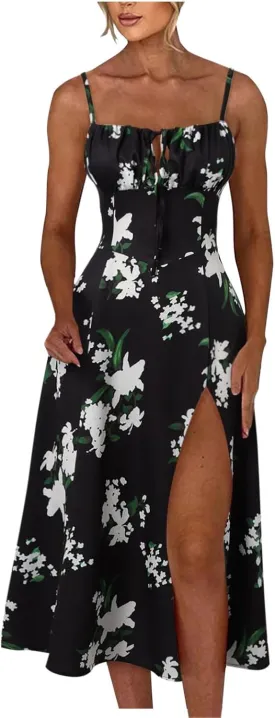 Women Summer Corset Dresses Lace up Pleated Front Slim High Slit Sling Sleeveless Dress Sexy Floral Midi Sundress