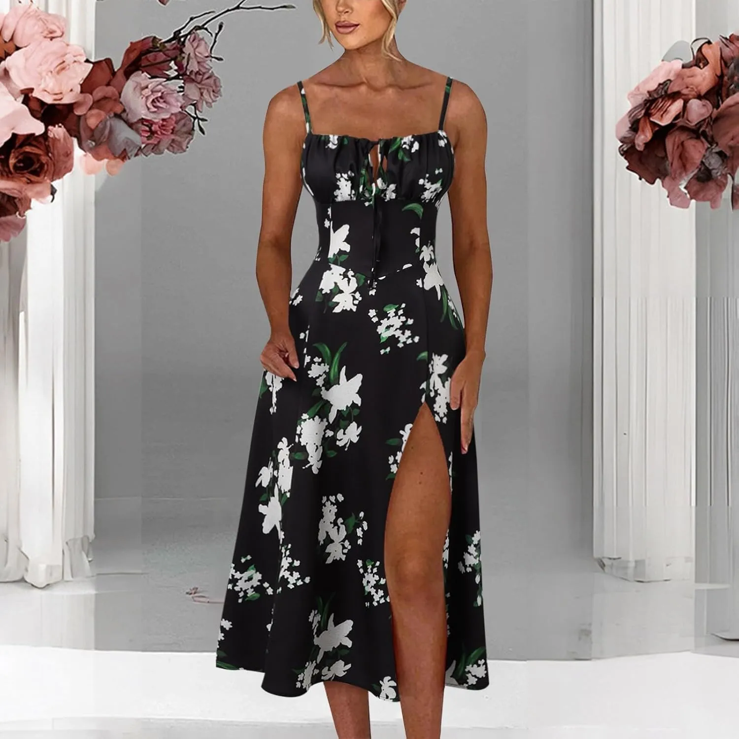 Women Summer Corset Dresses Lace up Pleated Front Slim High Slit Sling Sleeveless Dress Sexy Floral Midi Sundress