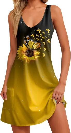 Women Summer Dresses Printed Sleeveless Dress with Pocket 2025 Vacation Sundress Casual V Neck Swimsuit Coverup