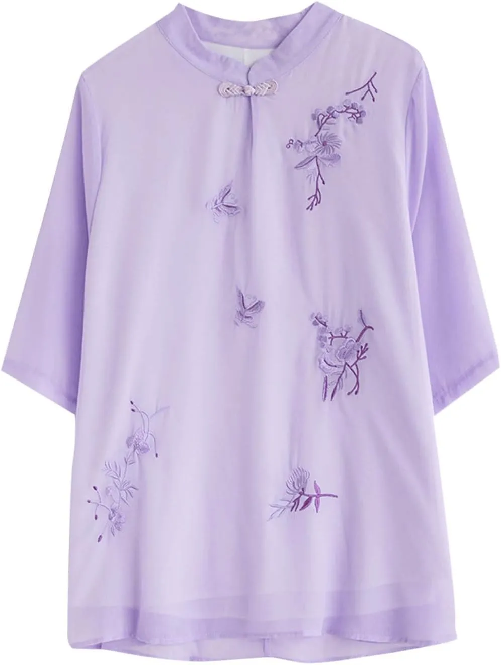 Women Summer Short Sleeve Vintage Chinese Frog Button Blouses Traditional Mandarin Collar Embroidered Top Tunic Shirts