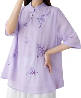 Women Summer Short Sleeve Vintage Chinese Frog Button Blouses Traditional Mandarin Collar Embroidered Top Tunic Shirts