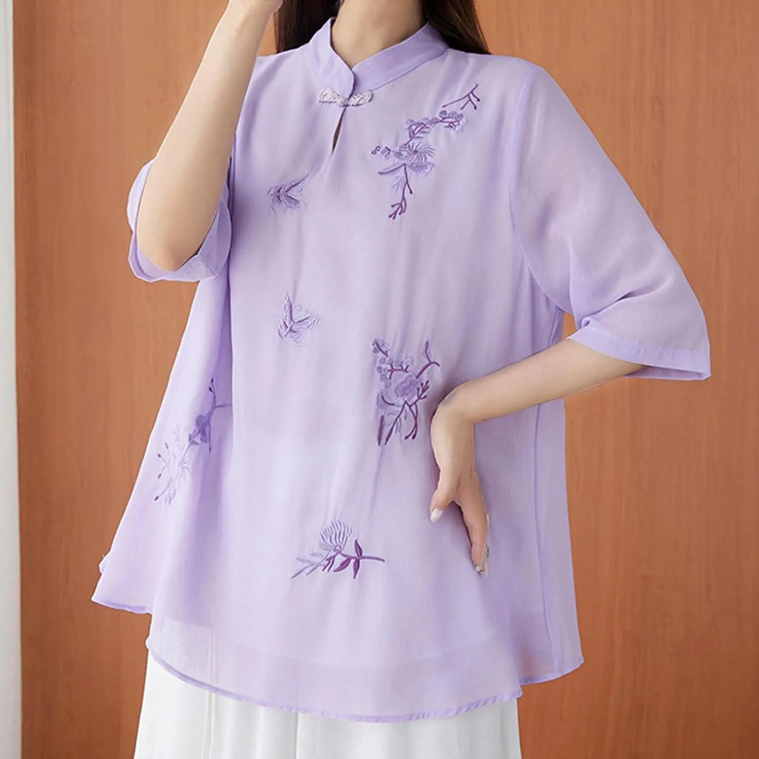 Women Summer Short Sleeve Vintage Chinese Frog Button Blouses Traditional Mandarin Collar Embroidered Top Tunic Shirts