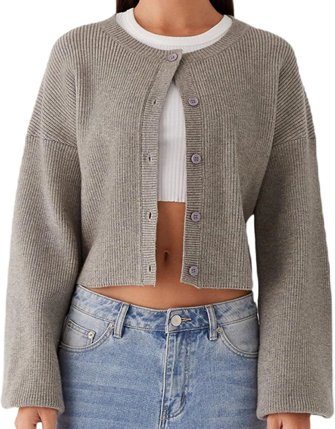 Women Y2k Crop Cardigan Sweater Long Sleeve Button Down Cardigan Vintage Open Front Sweater Cute Knit Pullover Tops