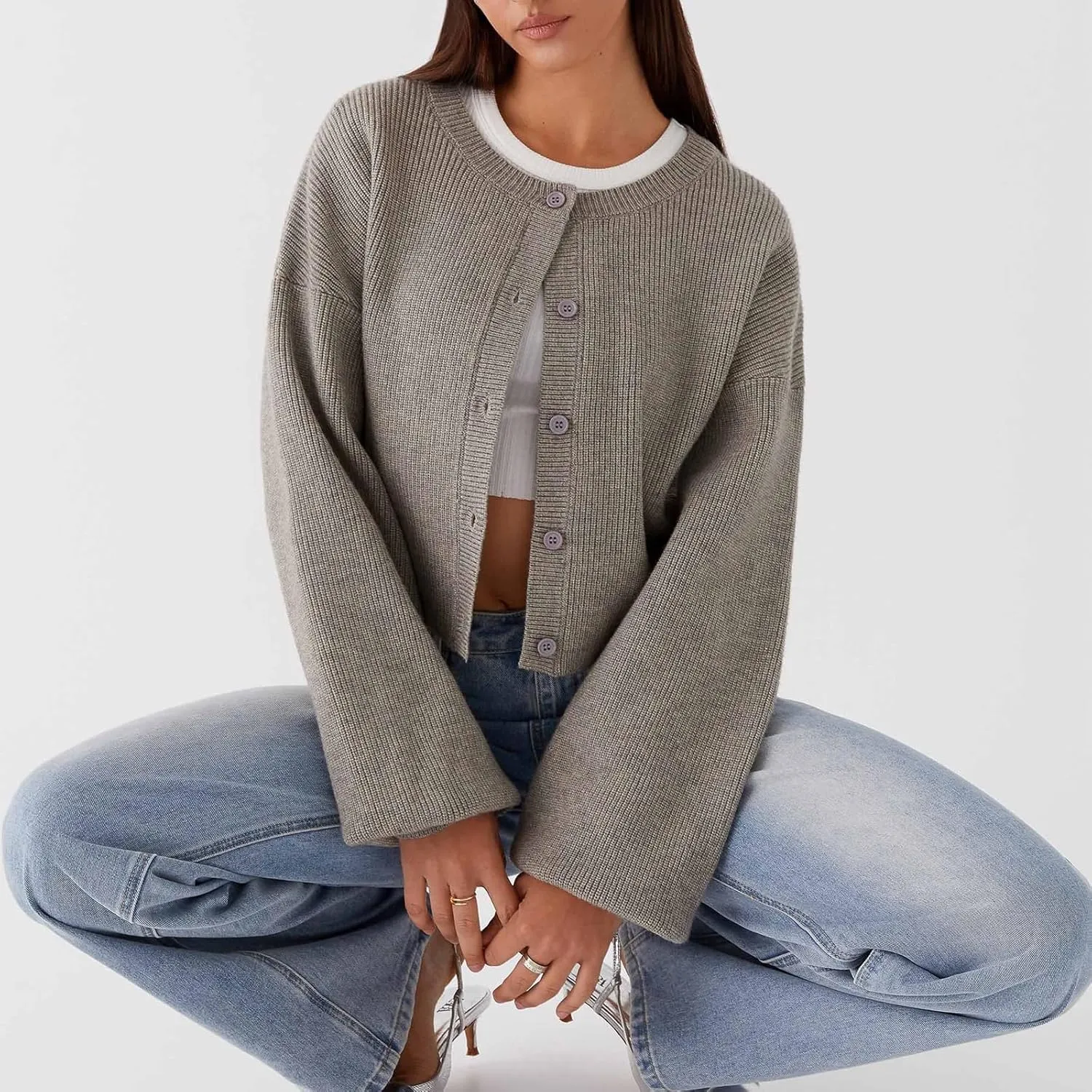 Women Y2k Crop Cardigan Sweater Long Sleeve Button Down Cardigan Vintage Open Front Sweater Cute Knit Pullover Tops