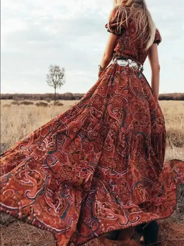 Women’s Button Front Print Short Sleeve Maxi Dress