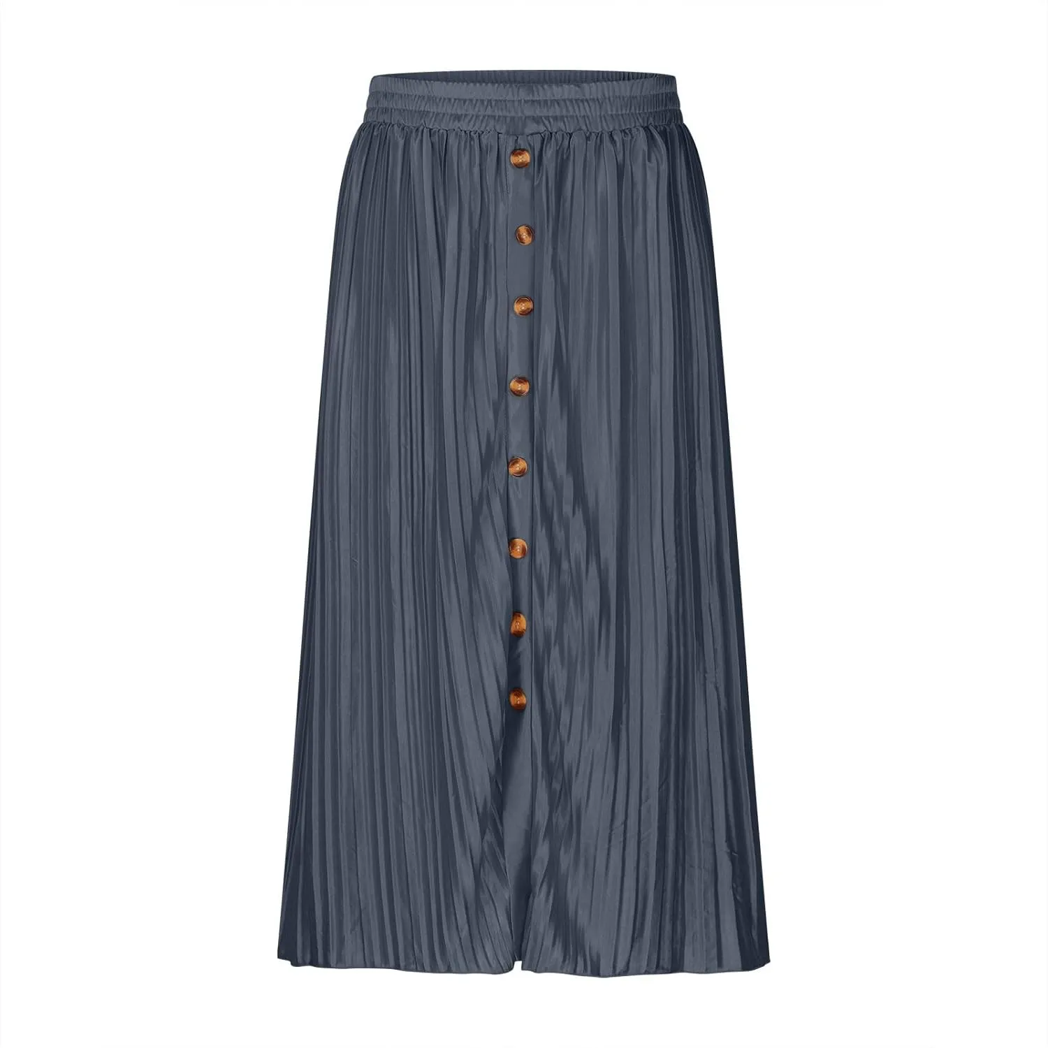 Women's Casual Elastic High Waisted Button Decor Skirt A-Line Pleated Flowy Beach Vacation Midi Long Skirts