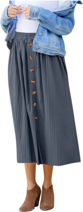 Women's Casual Elastic High Waisted Button Decor Skirt A-Line Pleated Flowy Beach Vacation Midi Long Skirts