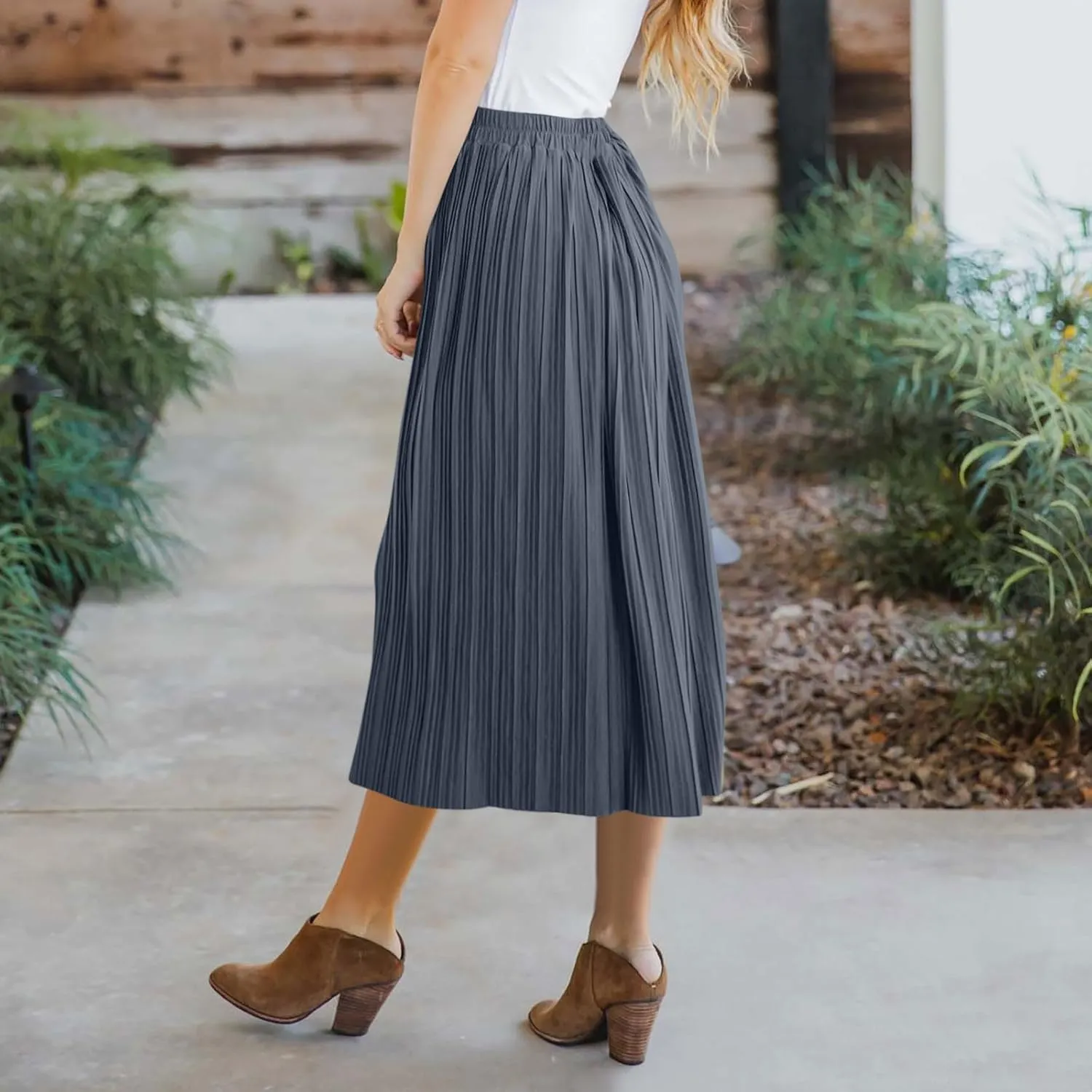 Women's Casual Elastic High Waisted Button Decor Skirt A-Line Pleated Flowy Beach Vacation Midi Long Skirts