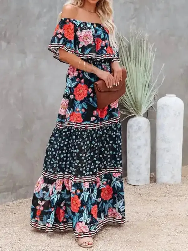 Women’s Embroidered Floral Off-the-shoulder Maxi Dress
