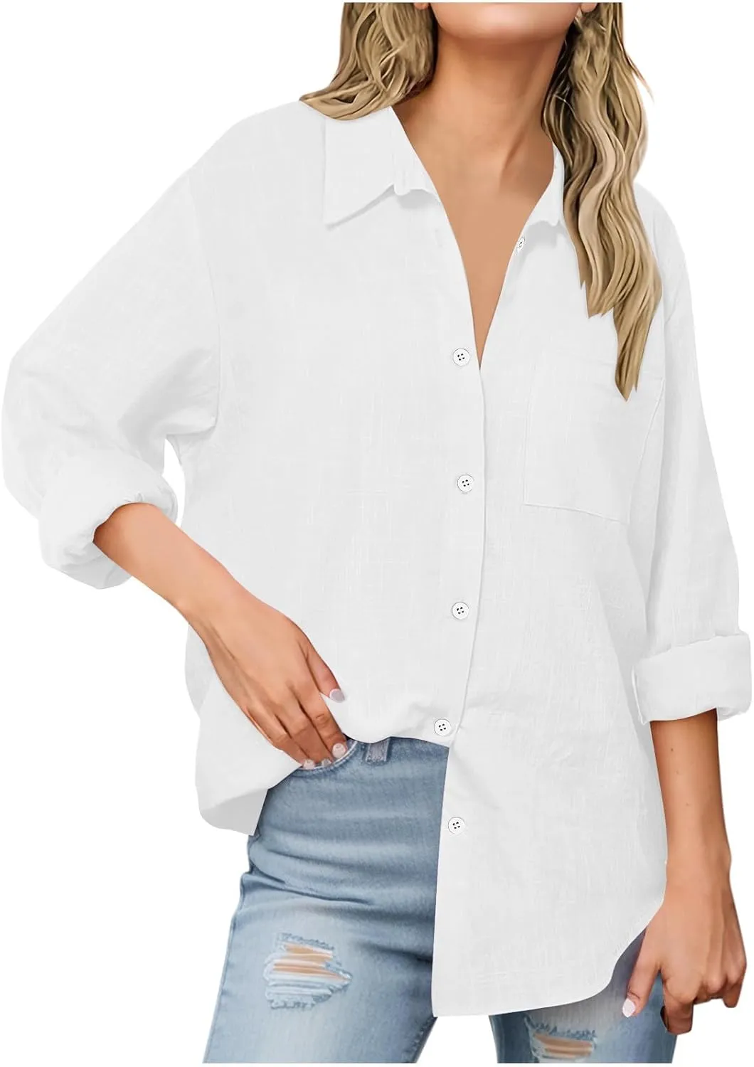 Womens Oversized Button Down Shirts Long Sleeve Cotton Linen Shirts Casual V Neck Collared Blouses Tops with Pockets