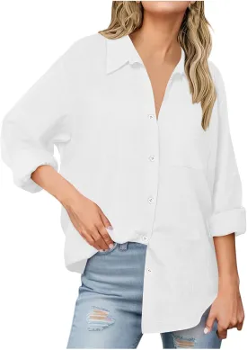 Womens Oversized Button Down Shirts Long Sleeve Cotton Linen Shirts Casual V Neck Collared Blouses Tops with Pockets