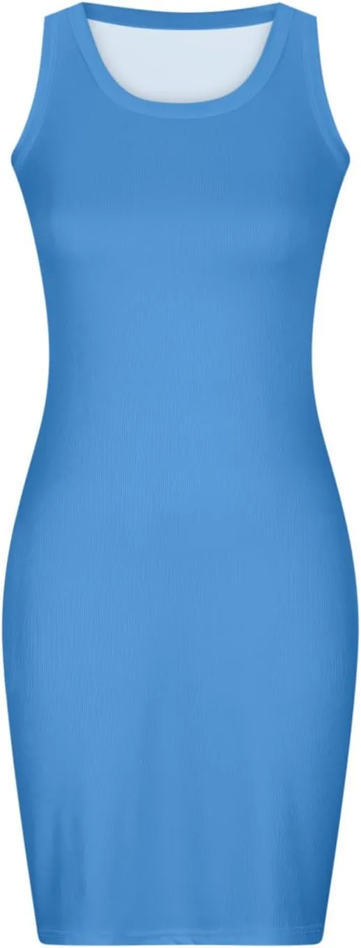 Women's Ribbed Knit Mini Dresses Sexy Bodycon Sleeveless Tank Dress Solid Crewneck Casual Tummy Control Dresses