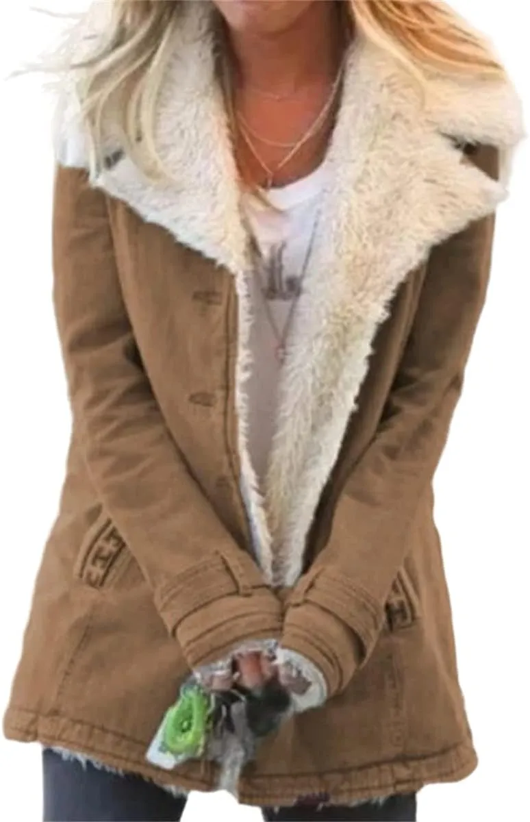 Womens Sherpa Fleece Lined Jacket Lamb Wool Padded Coats Button Down Lapel Trench Coat Faux Suede Thicken Warm Outwear