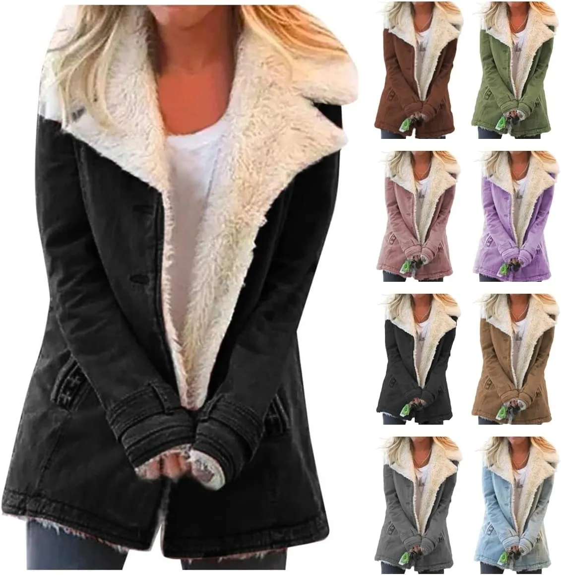 Womens Sherpa Fleece Lined Jacket Lamb Wool Padded Coats Button Down Lapel Trench Coat Faux Suede Thicken Warm Outwear