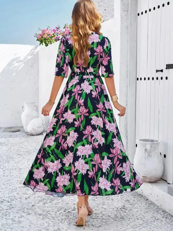 Women’s spring and summer vacation casual floral print slit dress