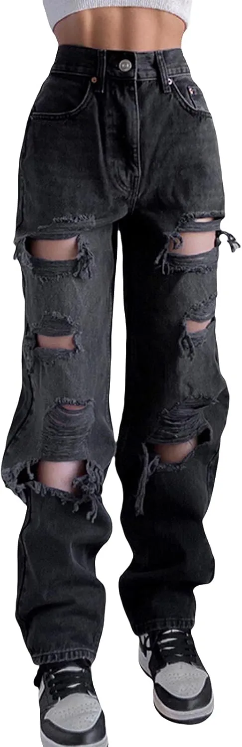 Women's Straight Leg Jeans High Waist Wide-Leg Jeans Side Pocket Vintage Baggy Denim Pants Streetwear