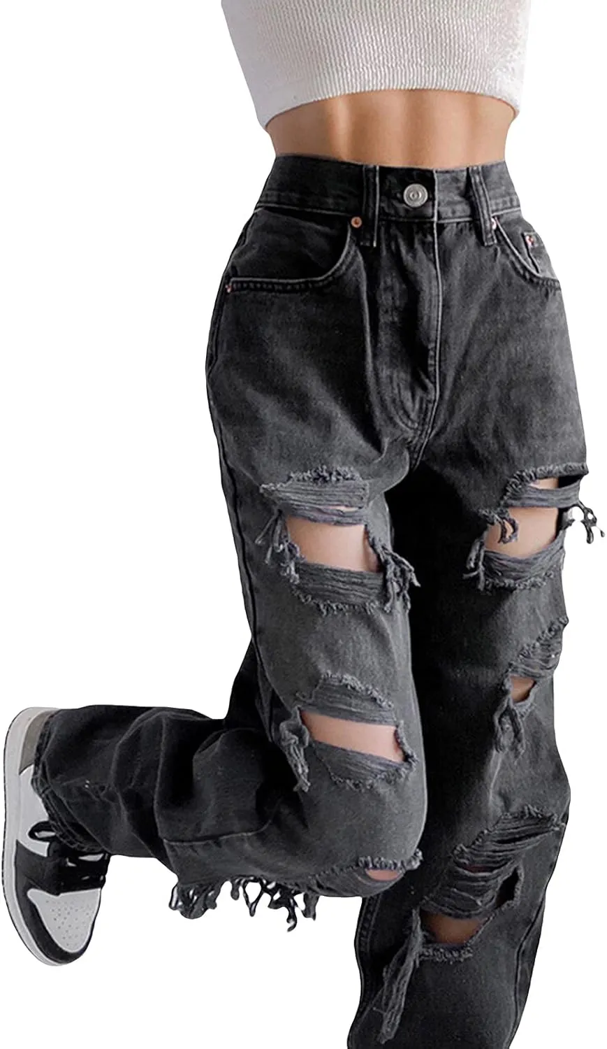 Women's Straight Leg Jeans High Waist Wide-Leg Jeans Side Pocket Vintage Baggy Denim Pants Streetwear