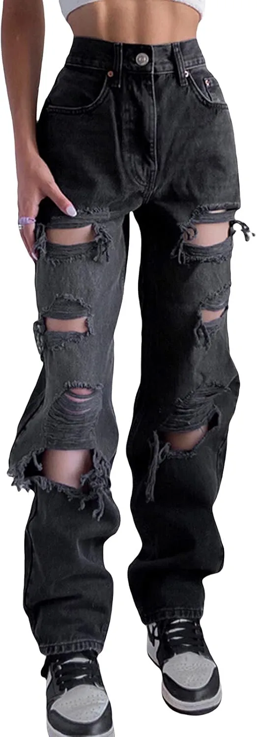 Women's Straight Leg Jeans High Waist Wide-Leg Jeans Side Pocket Vintage Baggy Denim Pants Streetwear