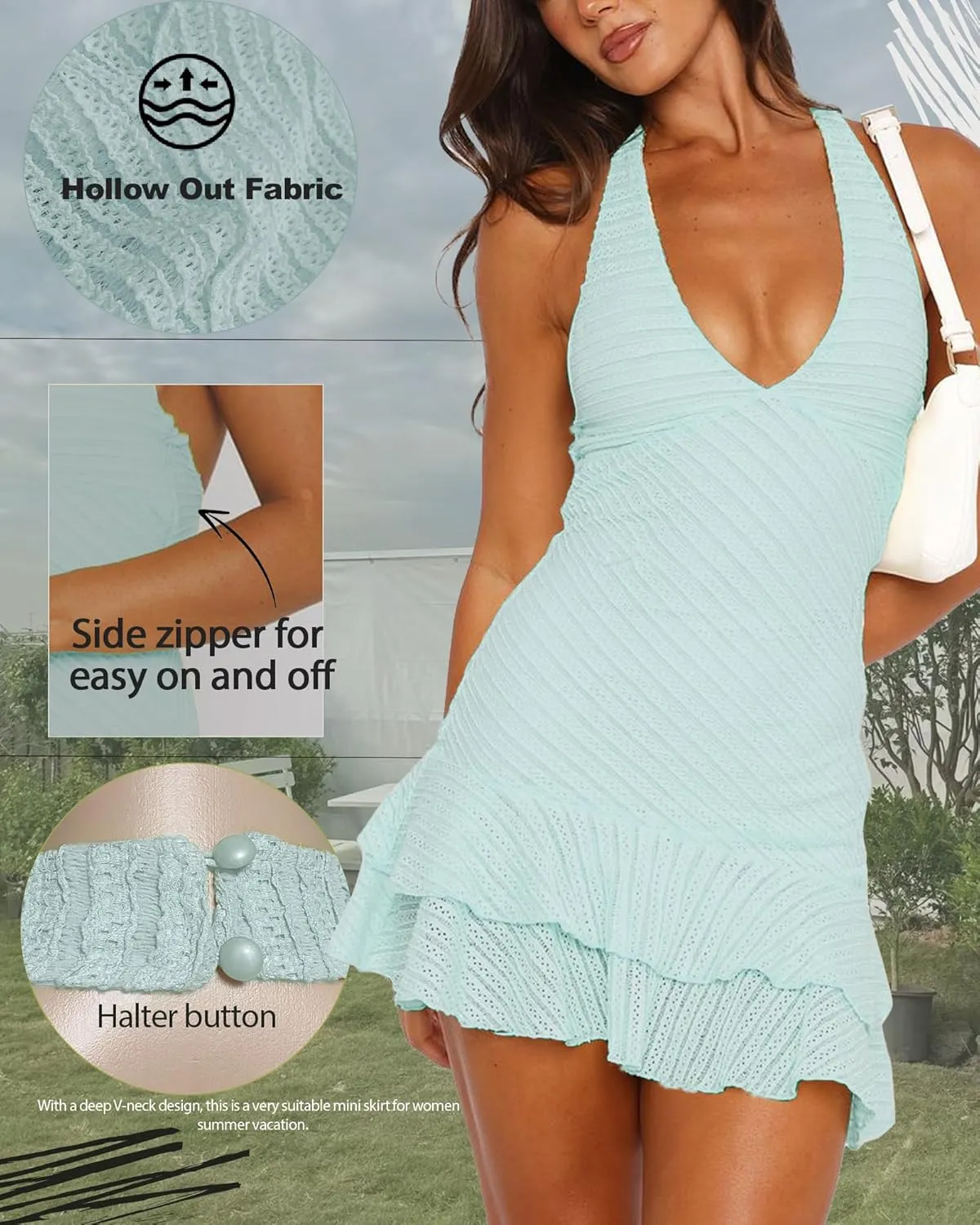 Women's Summer Dresses 2025 Sexy Halter V Neck Backless Hollow Out Ruffle Bodycon Cocktail Party Vacation Mini Dress