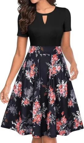 YATHON Women's Vintage Floral Flared A-Line Swing Casual Party Dresses with Pockets