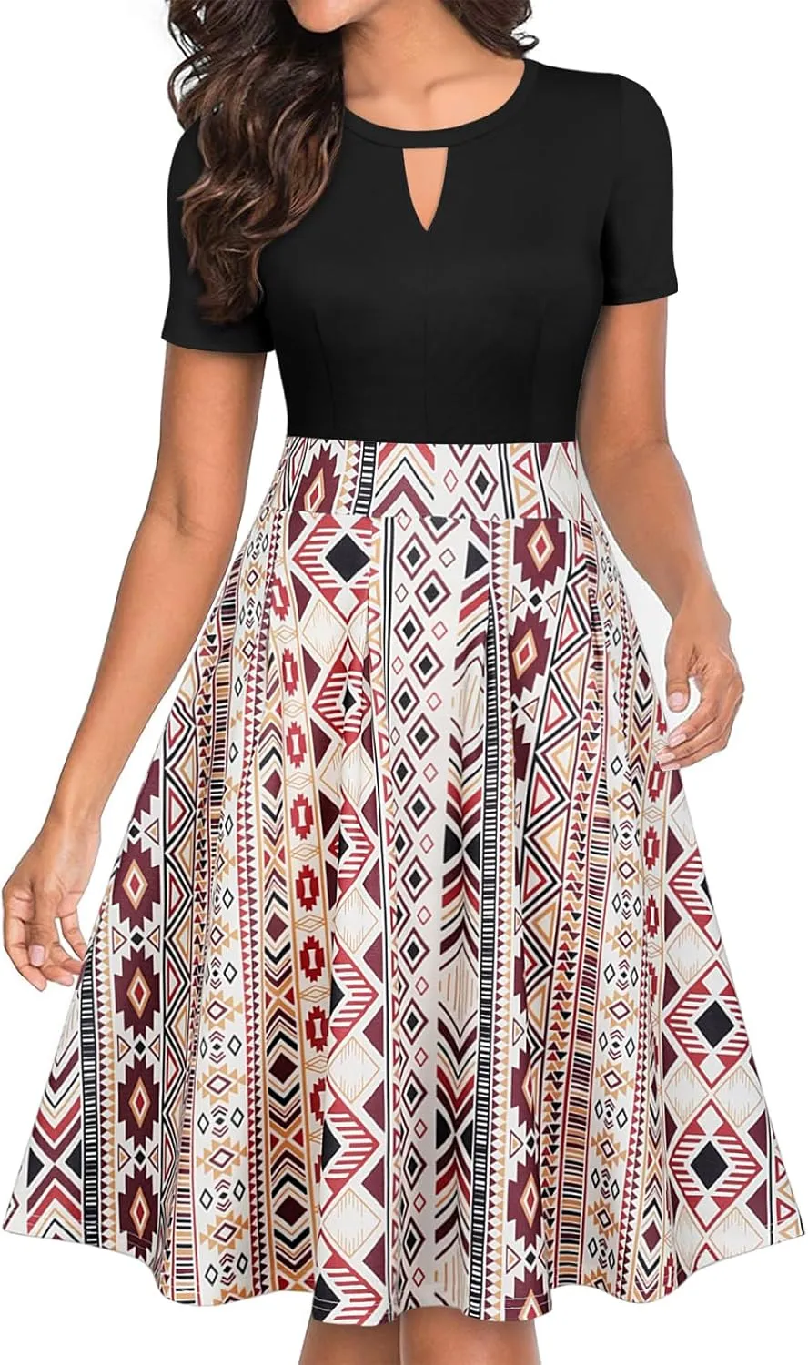 YATHON Women's Vintage Floral Flared A-Line Swing Casual Party Dresses with Pockets