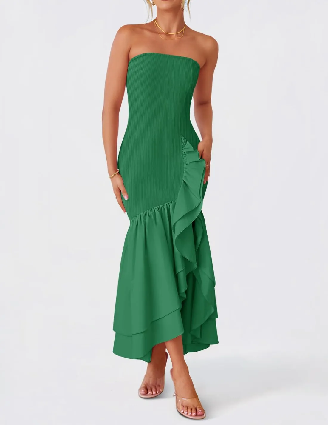ZESICA Women's 2025 Summer Strapless Bodycon Maxi Dress Ribbed Sexy High Split Mermaid Prom Party Dresses