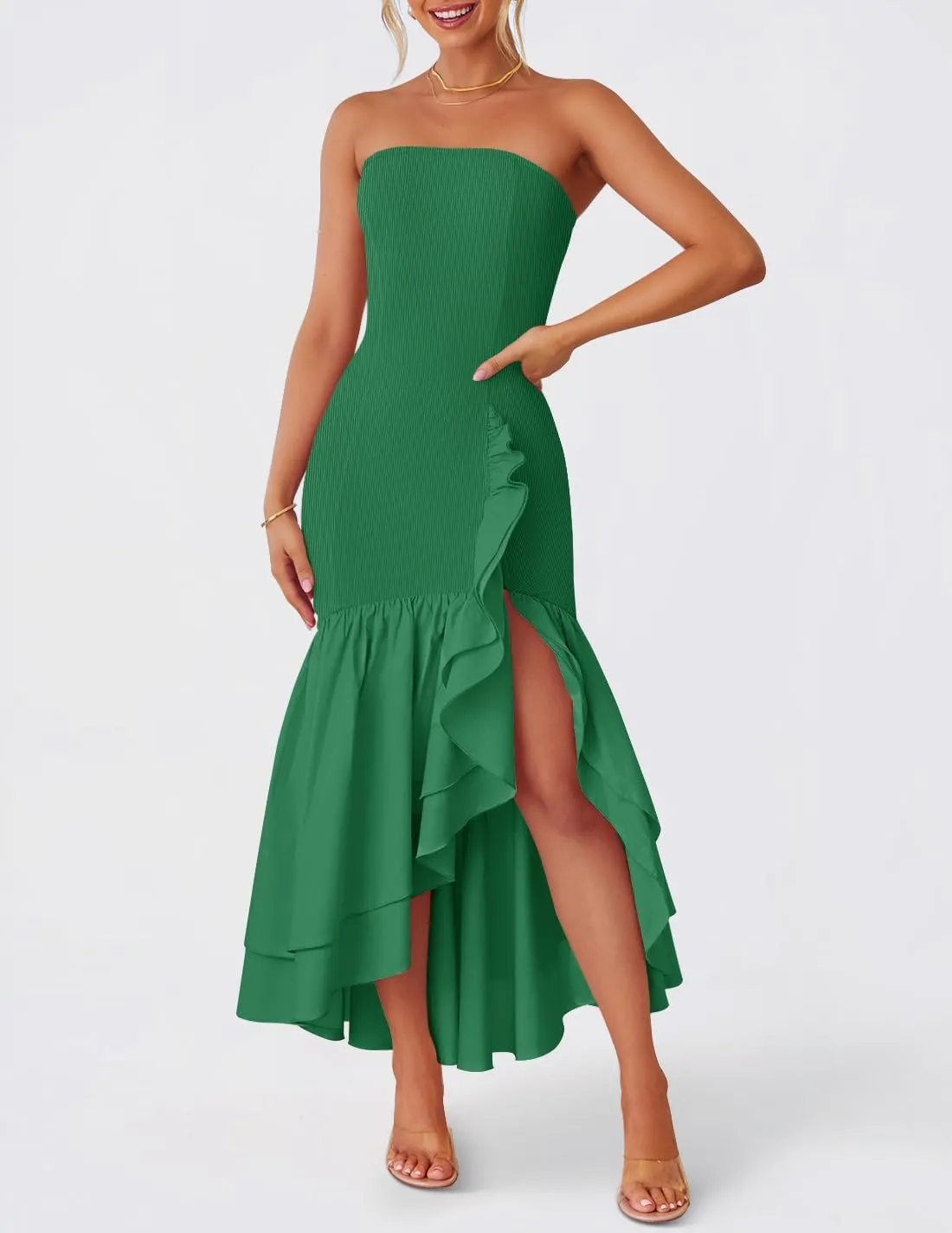 ZESICA Women's 2025 Summer Strapless Bodycon Maxi Dress Ribbed Sexy High Split Mermaid Prom Party Dresses
